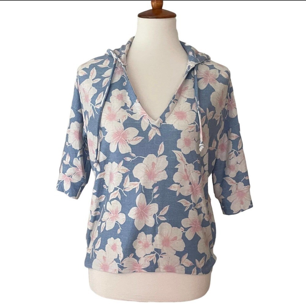 🍀Chaser Sky Blue Floral Print 3/4 Sleeve V-Neck Hooded T-Shirt Top Size XS